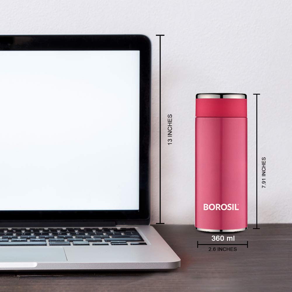 Borosil Hydra Travelsmart 360 ml Stainless Steel Water Bottle | Double Wall Vacuum Insulated Flask | 10 Hours Hot & 12 Hours Cold | Leakproof, BPA Free | 1 Year Warranty, Pink