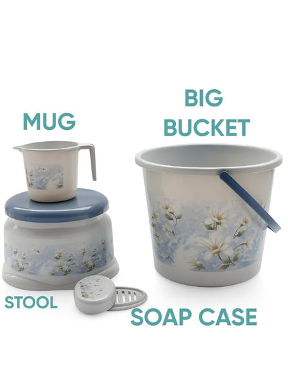NOVAE Bathroom Set 4 Pcs, Plastic Bath Set with Bucket 20L, Mug 1.5L, Stool 508, Soap Case, Bathroom Accessories, Durable, Stylish, Easy to Clean, Ideal for Home, Grey