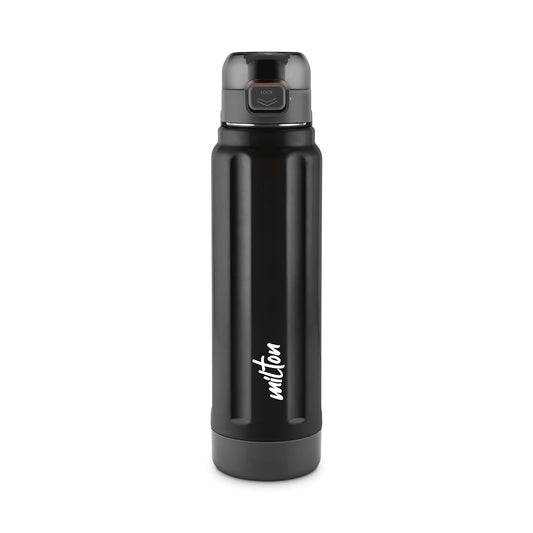 Milton Taurus 900 Steel Thermoware, Inner Stainless Steel, Cold PU Insulated, Leak Proof Water Bottle for School Kids, Office, Gym, Easy to Carry Handle, 665 ml, Black