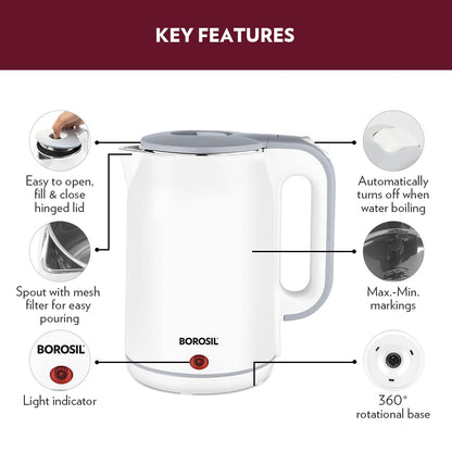 Borosil Cooltouch Electric Kettle, Stainless Steel Inner Body, Boil Water For Tea, Coffee, Soup, Silver, 1800 Watts, 1.8 Liter