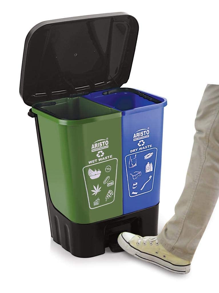 ARISTO Twin Pedal Bin Dry Waste and Wet Waste Dustbin (20 Ltrs), Blue, Plastic