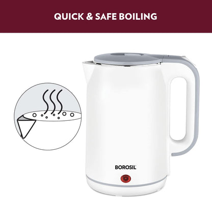 Borosil Cooltouch Electric Kettle, Stainless Steel Inner Body, Boil Water For Tea, Coffee, Soup, Silver, 1800 Watts, 1.8 Liter