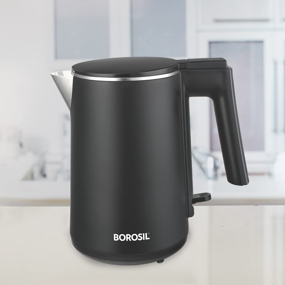 Borosil Cooltouch Electric Kettle, Stainless Steel Inner Body, Boil Water For Tea, Coffee, Soup, 1 L, Silver