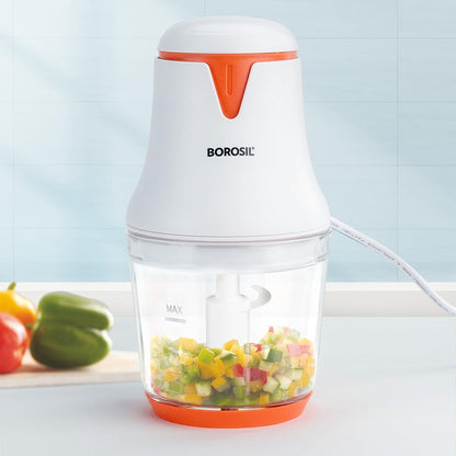 Borosil Chef Delite 260W Electric Glass Chopper For Kitchen Use | White Chopper | Low Noise Operation | Kitchen Accessories Items | Stainless Steel Blades, Whisking Blade for Cream, Chaas, Lassi