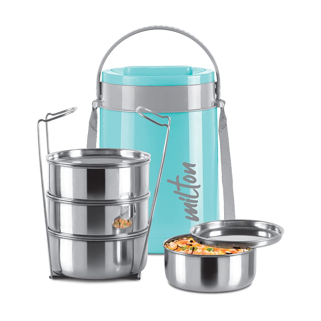 MILTON Classic Stainless Steel Tiffin With Lifter, 4 Container, 300 ml Each, Cyan | PU Insulated | Food Grade | Easy To Carry | Hot & Cold | Office | Outdoors | Food Grade