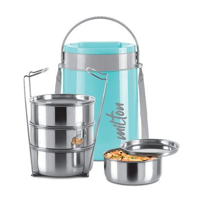 MILTON Classic Stainless Steel Tiffin With Lifter, 4 Container, 300 ml Each, Cyan | PU Insulated | Food Grade | Easy To Carry | Hot & Cold | Office | Outdoors | Food Grade