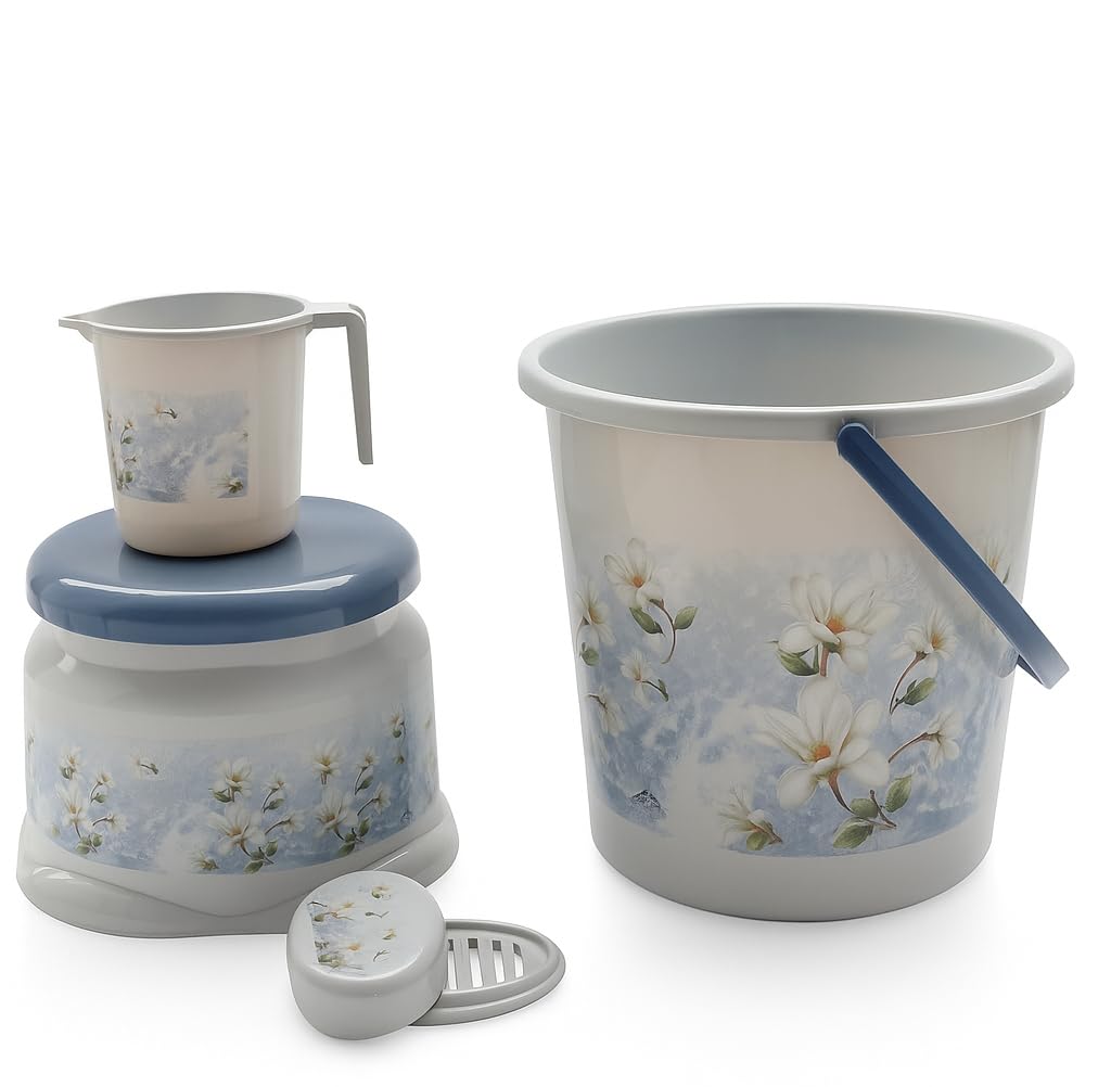 NOVAE Bathroom Set 4 Pcs, Plastic Bath Set with Bucket 20L, Mug 1.5L, Stool 508, Soap Case, Bathroom Accessories, Durable, Stylish, Easy to Clean, Ideal for Home, Grey