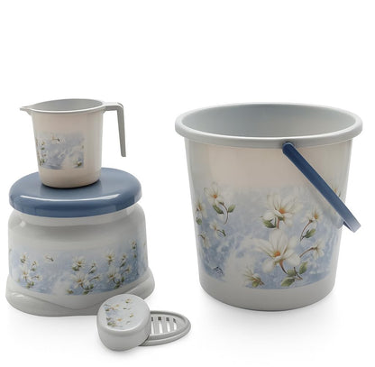 NOVAE Bathroom Set 4 Pcs, Plastic Bath Set with Bucket 20L, Mug 1.5L, Stool 508, Soap Case, Bathroom Accessories, Durable, Stylish, Easy to Clean, Ideal for Home, Grey