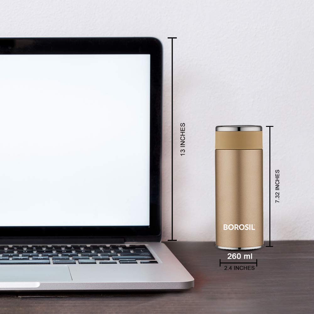 Borosil Hydra Travelsmart 260 ml Stainless Steel Water Bottle | Double Wall Vacuum Insulated Flask | 8 Hours Hot & 10 Hours Cold | Leakproof, BPA Free | 1 Year Warranty, Rose Gold