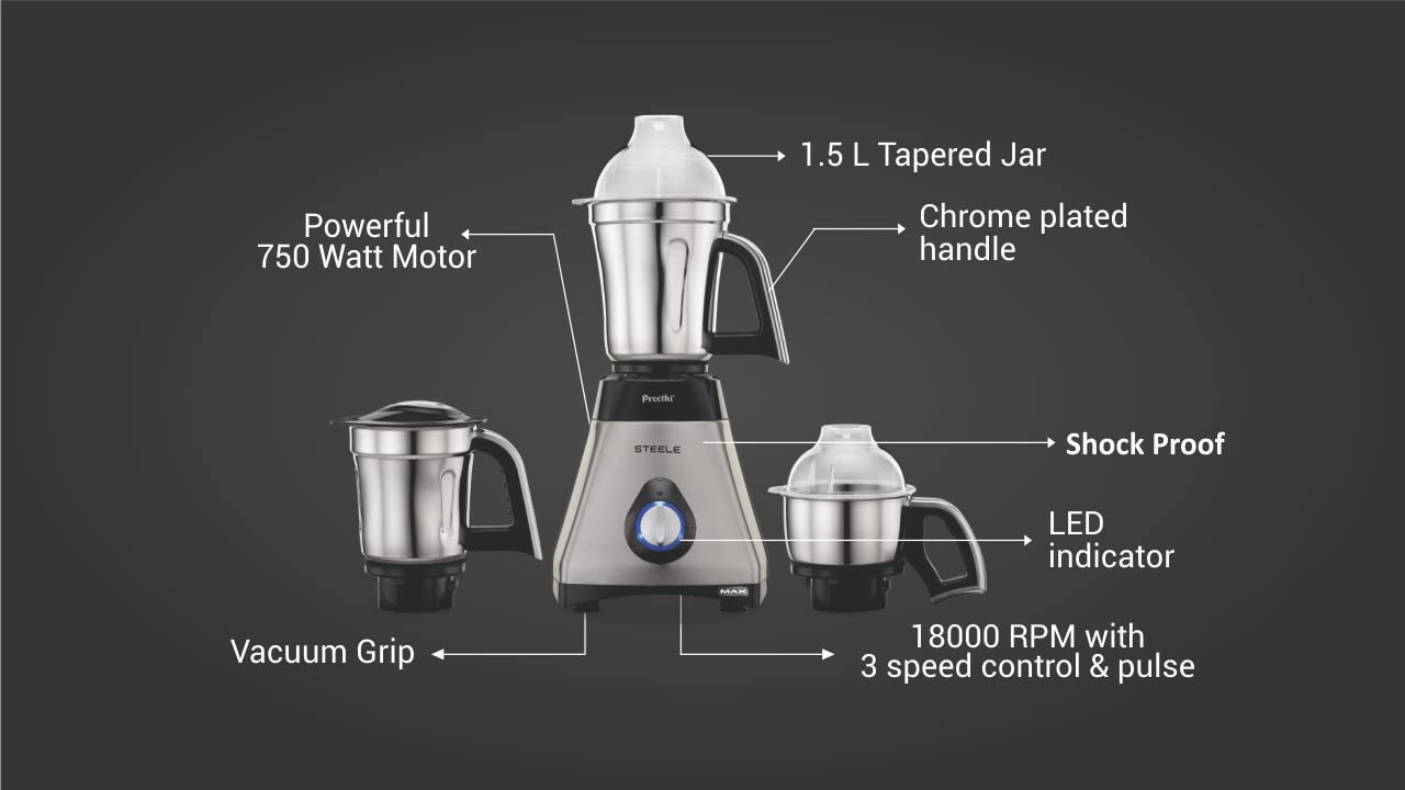 Preethi MG-212 750 W Mixer Grinder  (MG 212 | 3 Jars | Steel/Black