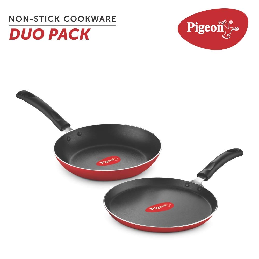 Pigeon Favourite Aluminium Duo Pack 250 Tawa, Fry Pan 240 (Red, Medium)