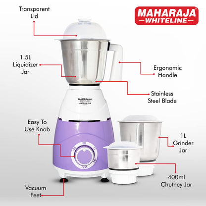 Maharaja Whiteline Mixtron DLX Mixer Grinder with 3 jars - 750W (Laverder & White)