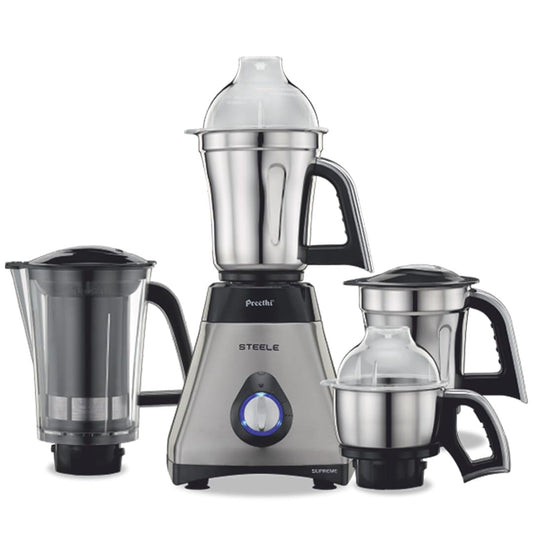 Preethi Steel Supreme MG-208 mixer grinder, 750 watt (Silver/ Black), 4 jars - Super Extractor juicer Jar, Vega W5 motor with 5yr Warranty & Lifelong Free Service