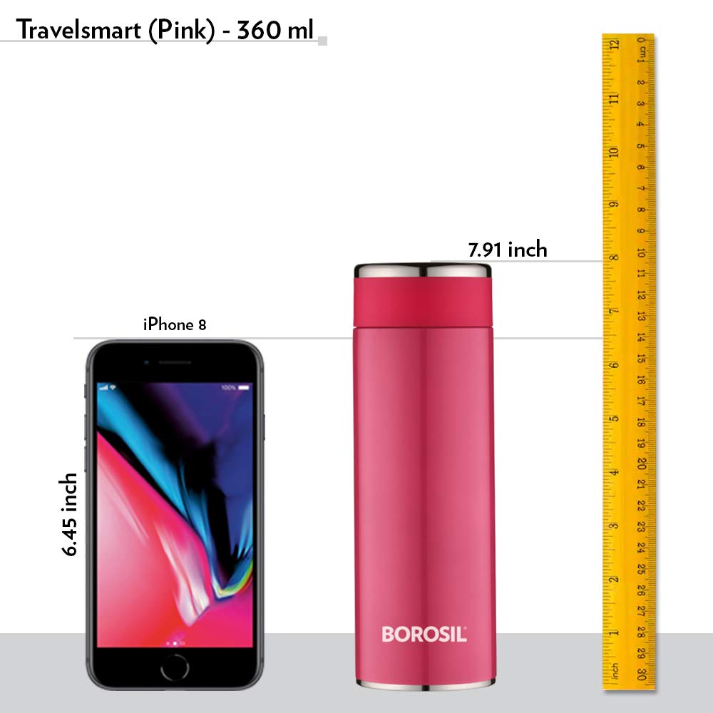 Borosil Hydra Travelsmart 360 ml Stainless Steel Water Bottle | Double Wall Vacuum Insulated Flask | 10 Hours Hot & 12 Hours Cold | Leakproof, BPA Free | 1 Year Warranty, Pink