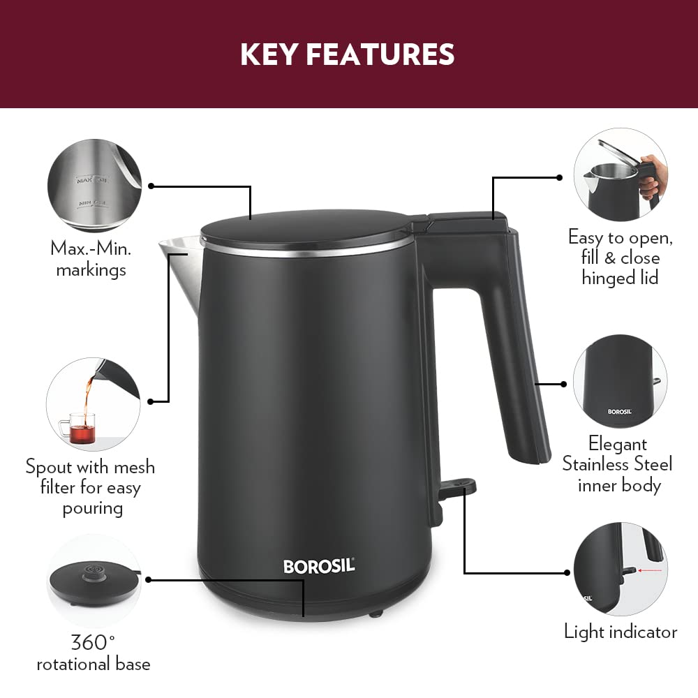 Borosil Cooltouch Electric Kettle, Stainless Steel Inner Body, Boil Water For Tea, Coffee, Soup, 1 L, Silver