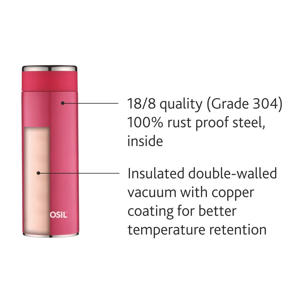 Borosil Hydra Travelsmart 360 ml Stainless Steel Water Bottle | Double Wall Vacuum Insulated Flask | 10 Hours Hot & 12 Hours Cold | Leakproof, BPA Free | 1 Year Warranty, Pink