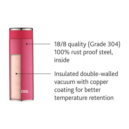 Borosil Hydra Travelsmart 360 ml Stainless Steel Water Bottle | Double Wall Vacuum Insulated Flask | 10 Hours Hot & 12 Hours Cold | Leakproof, BPA Free | 1 Year Warranty, Pink
