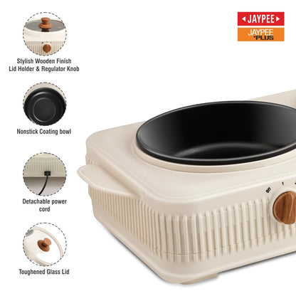 Jaypee Plus Electric CookSmart Casserole 3-in-1 Dual Cooking Station with Teflon NonStick Coating Bowl for Reheating & Cooking,Wooden Finish Lid & Regulator Knob Toughened Glass Lid,1.5+1.5 Ltr, Ivory