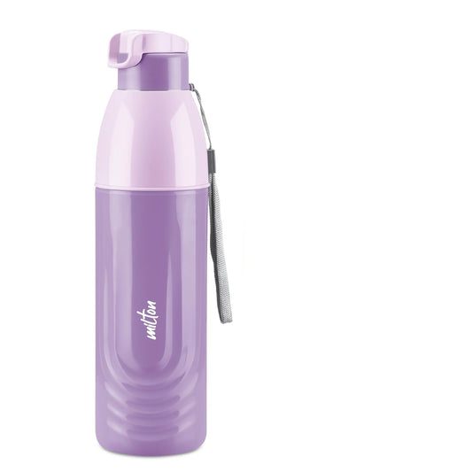 Two water bottles, one purple and one teal, with ' Milton' branding on a white background.