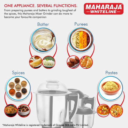 Maharaja Whiteline Duramaxx Mixer Grinder, Majestik Collection, 1000W, 100% Copper Motor, Double ball bearing motor, 3 Jars - MX-244 (Black & Silver) (DURAMAXX/MX-244)