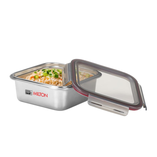 MILTON Modulo Steel Square 1500 Container with lock lid|Airtight & Leakproof|Microwave & Oven safe| Light Weight | School, Office or Picnic use, 1440 ml, Silver