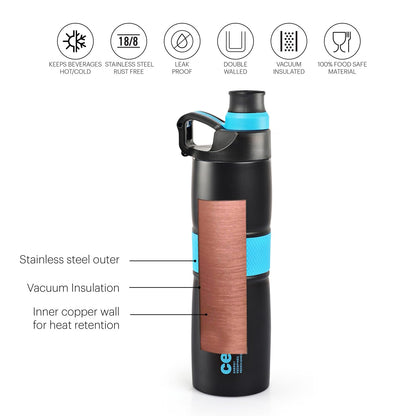 CELLO Metal Force Vacuum Insulated Flask | Hot and Cold Water Bottle with Anti-Slip Grip | Double Walled Sports Bottle for Travel, Home, Office, School, Blue, 700 Milliliters