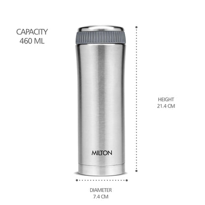 Milton Optima 500 Thermosteel Hot and Cold Flask, 460 ml, Silver | ISI Certified | Vacuum Insulated | Rust Proof | Leak Proof | Tea | Coffee | Juice