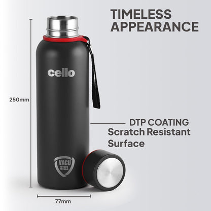 Cello Duro Kent Thermosteel Flask with DTP Coating, 750ml, Black | 24 Hours Hot and Cold Stainless Steel Bottle | Flask for Tea Coffee | Ideal for Office, Gym, Home, Hiking, Trekking, Travel Bottle