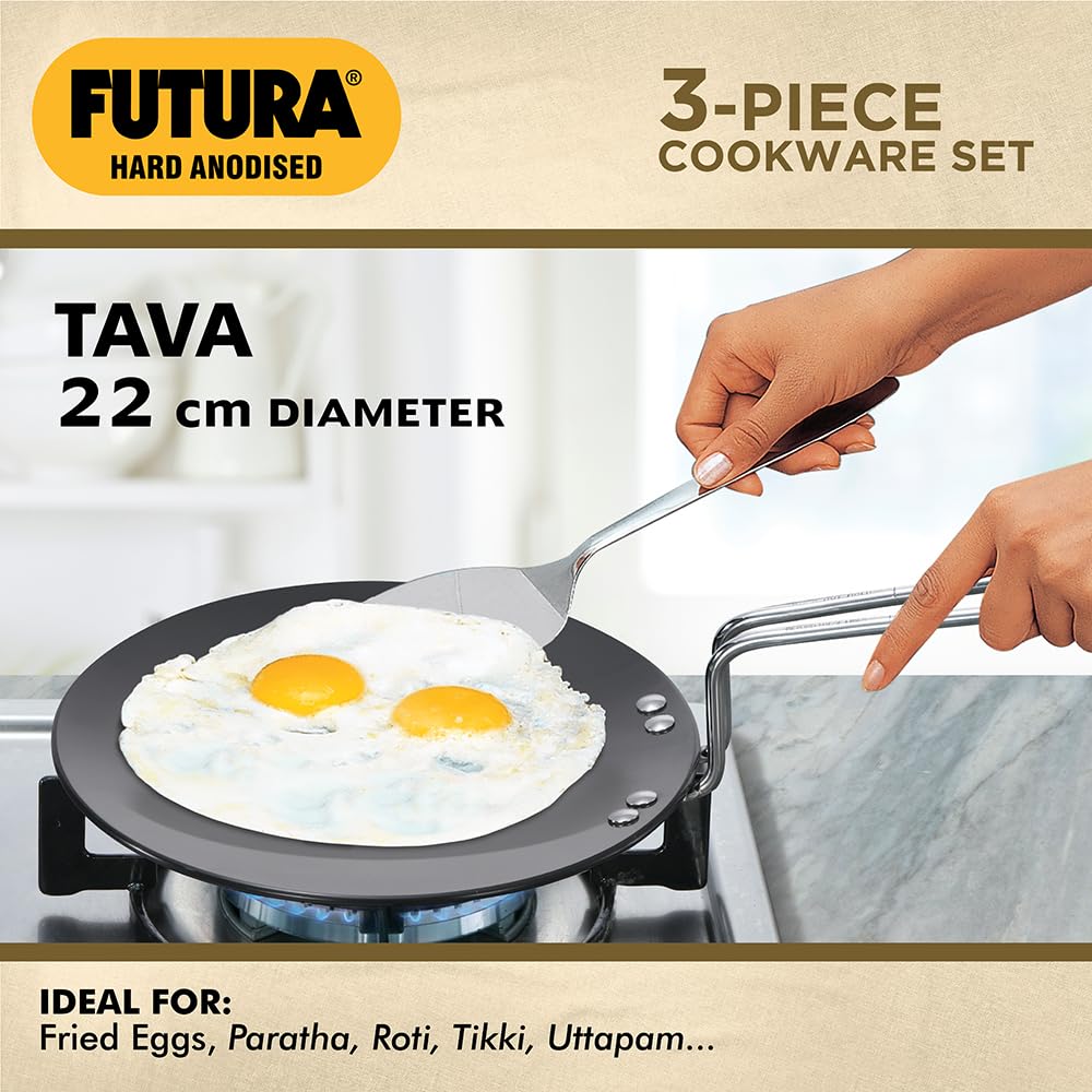 Hawkins Futura 3 Pieces Cookware Gift Set - Hard Anodised Tava, Frying Pan and Kadhai with Stainless Steel Lid, Black (24HAGP)