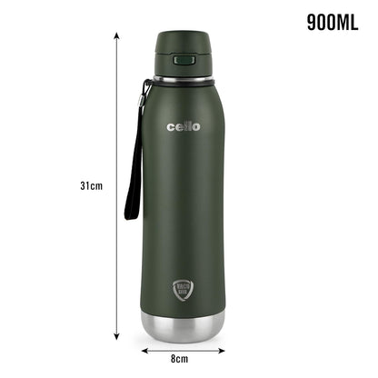 Cello Duro Ace Steel Vacuum Insulated Water Bottle 900ml, Green | Hot and Cold Thermal Flask with Screw Lid | Double Walled Scratch Resistant DTP Coating Flask Bottle