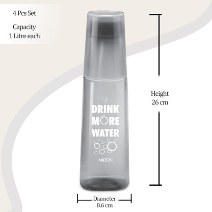 MILTON KIP SIP, Pack of 4 Water Bottles with Drinking Glass Lid, 1 Litre each, Reusable Plastic Fridge Bottle Set, BPA Free and Leak Proof Bottles for Travel, Work, Assorted