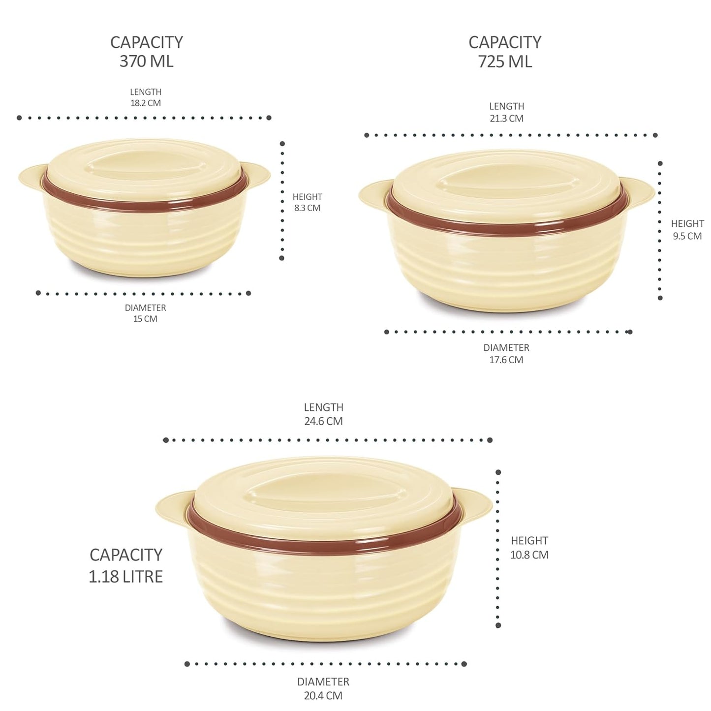 MILTON Aspire Jr. Set Inner Stainless Steel Casseroles, Beige (500,1000,1500 ml) | Double Walled| PU Insulated | Hot & Cold