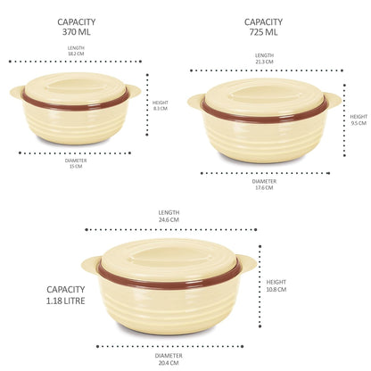 MILTON Aspire Jr. Set Inner Stainless Steel Casseroles, Beige (500,1000,1500 ml) | Double Walled| PU Insulated | Hot & Cold