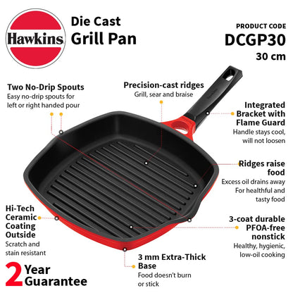 Hawkins 30 cm Grill Pan, Non Stick Die Cast Grilling Pan, Square Grill Pan for Gas Stove, Ceramic Coated Pan, Roast Pan, Red (DCGP30)