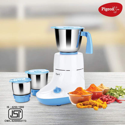 Pigeon by Stovekraft Glory 550 Watt Mixer Grinder with 3 Stainless Steel Jars for Dry Grinding, Wet Grinding and Making Chutney, white (14430)