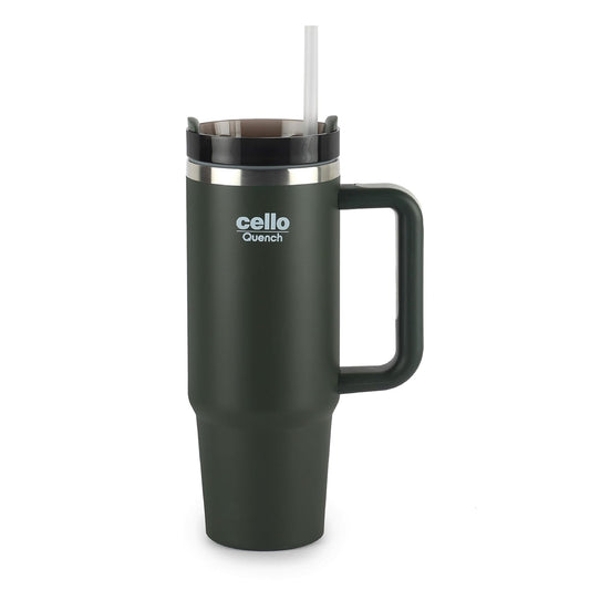 CELLO Quench Stainless Steel Insulated Tumbler with Lid & Straw, 900ml, Green | Hot & Cold Sipper Bottle with Handle | Scratch Resistant Coffee Mug for Office, Travel, Car Cupholder