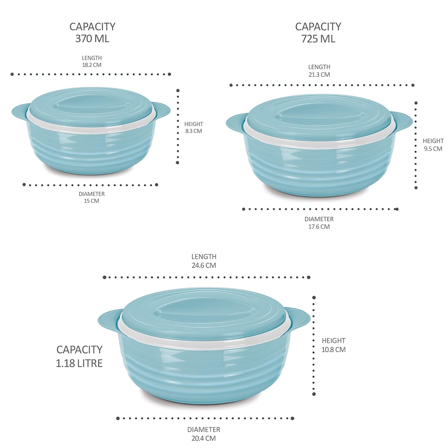 MILTON Aspire Jr. Set Inner Stainless Steel Casseroles, Blue (500,1000,1500 ml) | Double Walled| PU Insulated | Hot & Cold