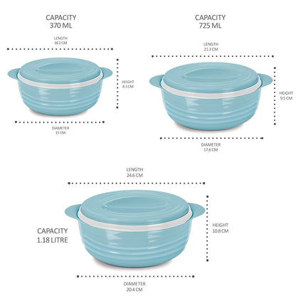 MILTON Aspire Jr. Set Inner Stainless Steel Casseroles, Blue (500,1000,1500 ml) | Double Walled| PU Insulated | Hot & Cold