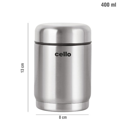 Cello Supee Vacuum Insulated Flask 400ml, Silver | Double Walled | Keeps Food Hot & Cold for Long Hours | Thermos with Airtight Screw Lid | Leakproof Soup Jar Thermos for Office, College & Travelling