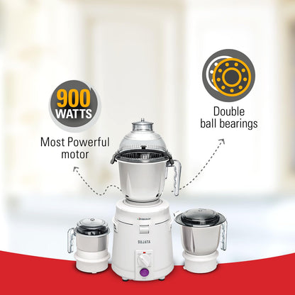 Sujata Dynamix 900 Watts Mixer Grinder | 22000 Rotations Per Min | 90 Minutes Continuous Running | 3 Versatile Jars 1500 ml, 1000 ml and 400 ml