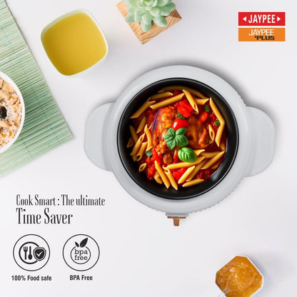 Jaypee Plus Electric CookSmart Casserole with Teflon NonStick Coating Bowl for Reheating & Cooking, Serving Casserole Wooden Finish Lid & Regulator Knob Toughened Glass Lid, 1500 ml, Grey