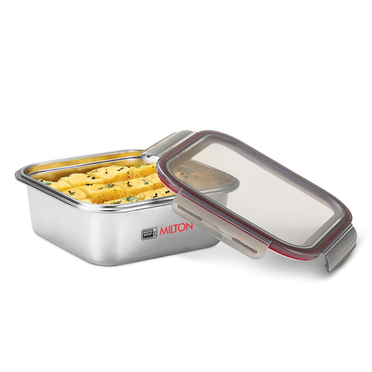 MILTON Modulo Steel Square 2500 Container with lock lid|Airtight & Leakproof|Microwave & Oven safe| Light Weight | School, Office or Picnic use, 2400 ml, Silver