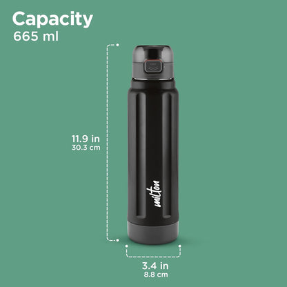 Milton Taurus 900 Steel Thermoware, Inner Stainless Steel, Cold PU Insulated, Leak Proof Water Bottle for School Kids, Office, Gym, Easy to Carry Handle, 665 ml, Black