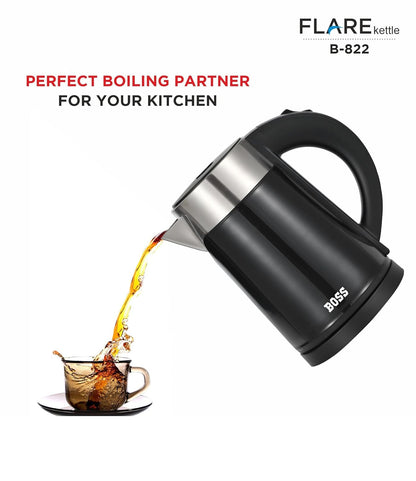 BOSS Flare 1000-Watt Auto Power Shut-Off Electric Kettle, 800 ml, Black