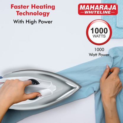 Maharaja Whiteline Plastic 1000 Watts Classico Dry Iron, 1000 Watts |Adjustable Temperature Control | Isi Centified | Non-Stick Soleplate | Indicator Light | (White)