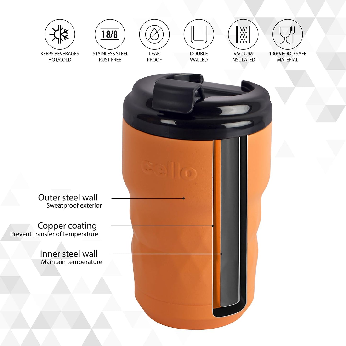 Cello Latte Coffee Stainless Steel Double Wall Insulation Flask | Flip-Top Lid & Wide-Mouth Opening | Leak-Proof and Spill-Resistant | 350, Orange