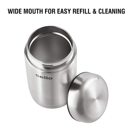 Cello Supee Vacuum Insulated Flask 400ml, Silver | Double Walled | Keeps Food Hot & Cold for Long Hours | Thermos with Airtight Screw Lid | Leakproof Soup Jar Thermos for Office, College & Travelling