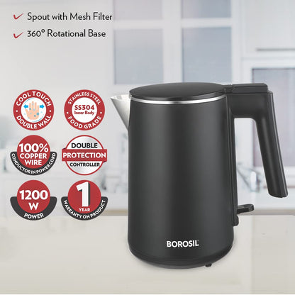 Borosil Cooltouch Electric Kettle, Stainless Steel Inner Body, Boil Water For Tea, Coffee, Soup, 1 L, Silver