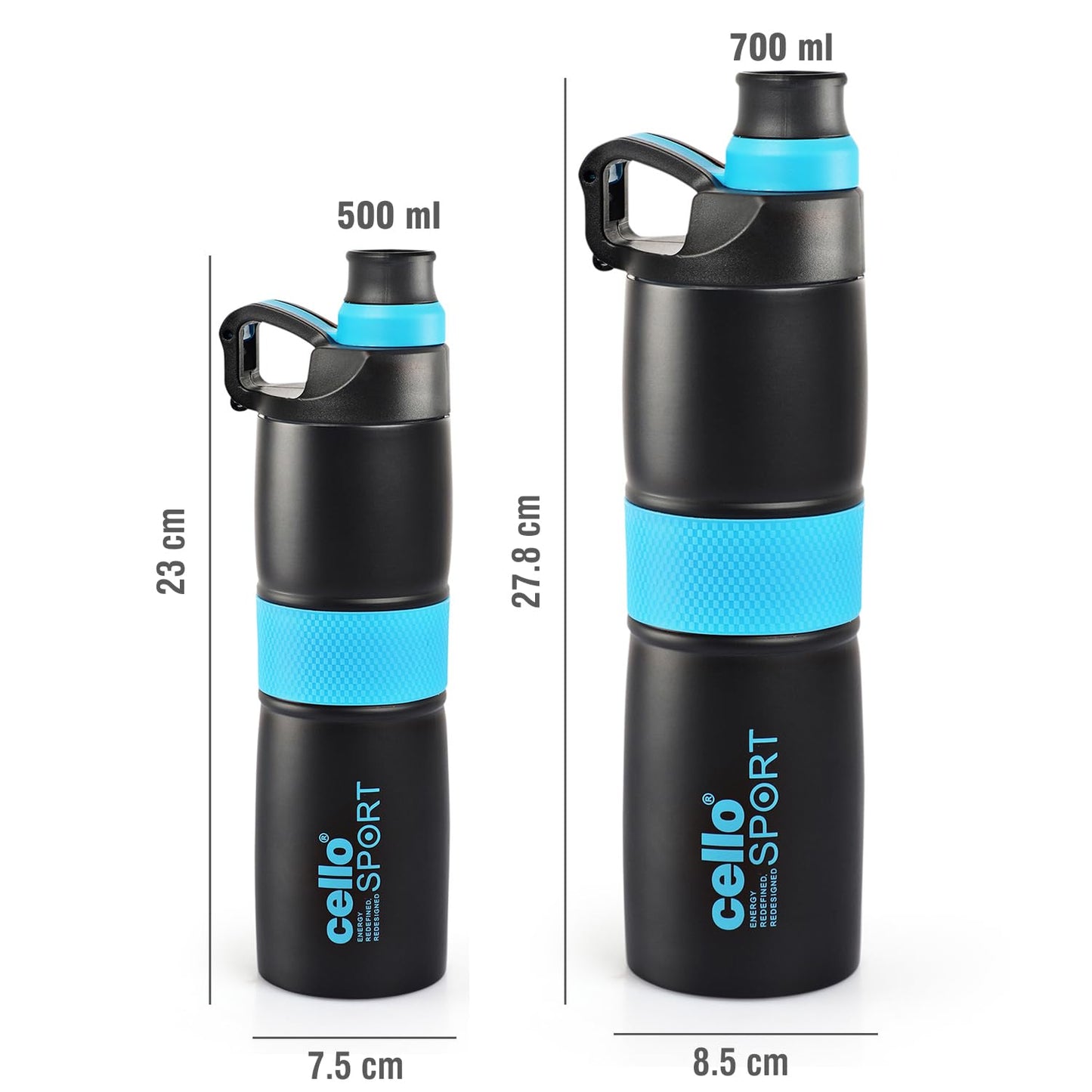 CELLO Metal Force Vacuum Insulated Flask | Hot and Cold Water Bottle with Anti-Slip Grip | Double Walled Sports Bottle for Travel, Home, Office, School, Blue, 700 Milliliters