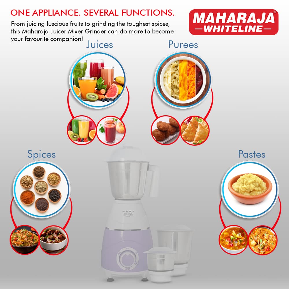 Maharaja Whiteline Mixtron DLX Mixer Grinder with 3 jars - 750W (Laverder & White)